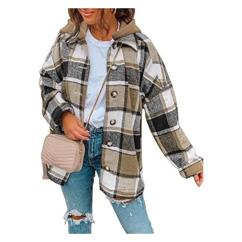 SHEWIN Womens Long Sleeve Button Down Plaid Shirts Flannel Hooded Shacket Jacket Hoodie Coats