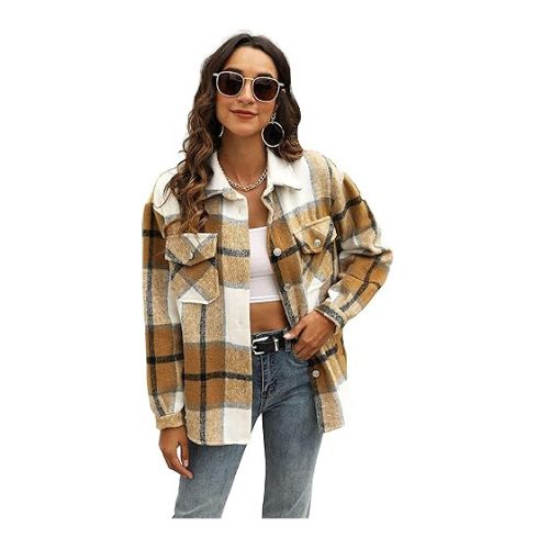 UANEO Womens Plaid Shacket Button Down Wool Blend Fall Flannel Shirt Jacket