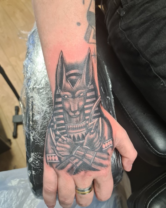 Anubis tattoo on hand for men