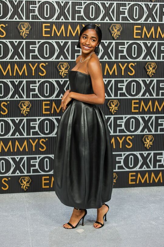 Ayo Edebiri in a custom black Louis Vuitton leather bustier gown