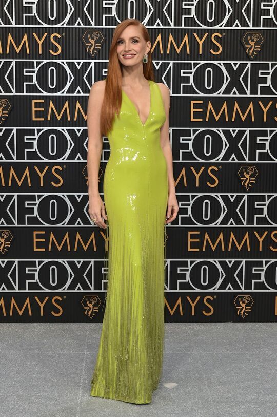 Jessica Chastain in a chartreuse Gucci dress