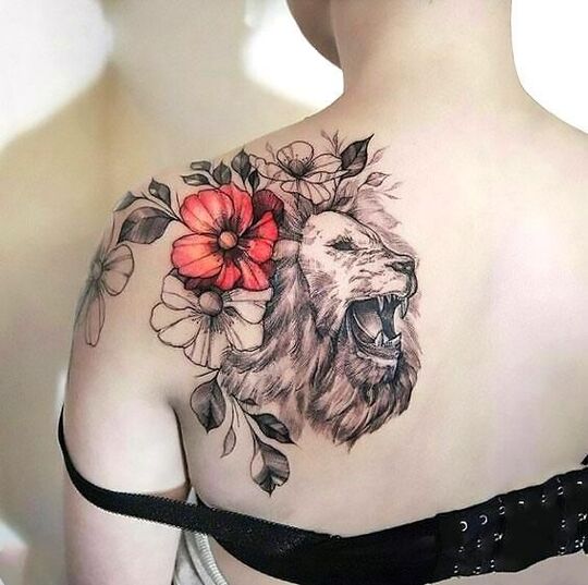 Lion and flower Shoulder Tattoo for Women