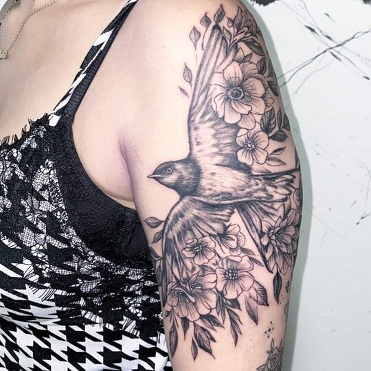 Shoulder bird flower and Arms Tattoo Women