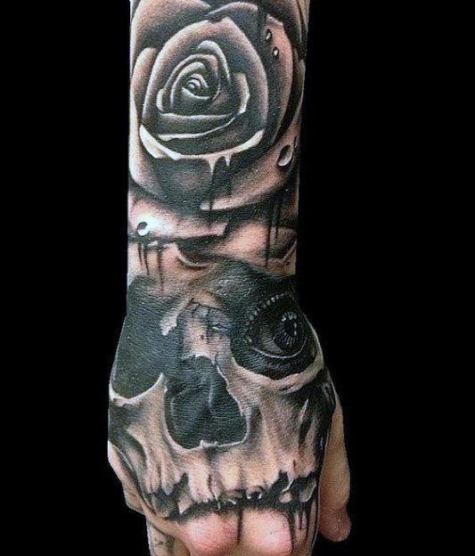 Skull and Rose Hand Tattoos for Men