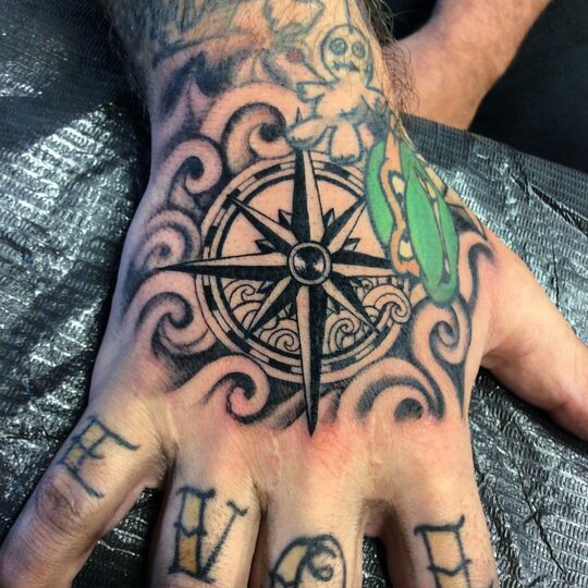 Small Compass tattoo on hand for men