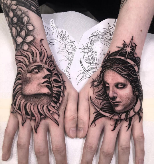 Sun and Moon Hand Tattoos for Men