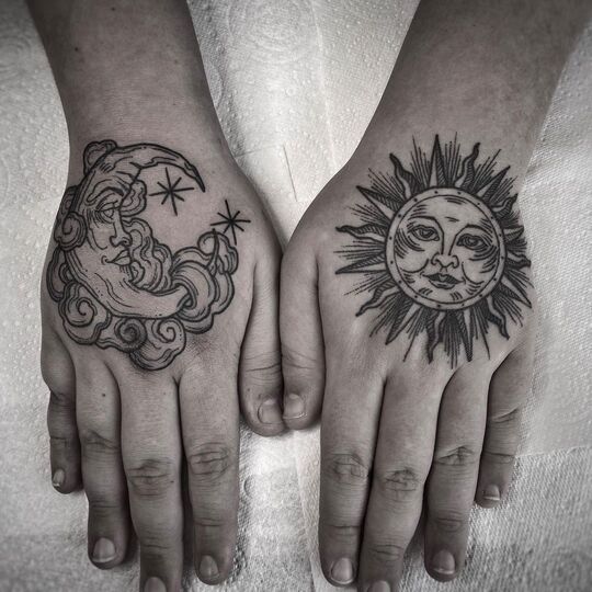Sun and Moon tattoo on hand for men