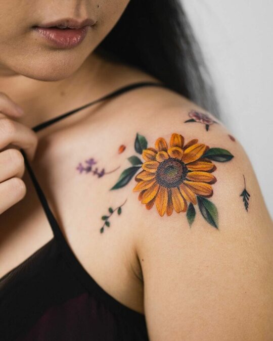 Vibrant And Realistic Sunflower Tattoos for women