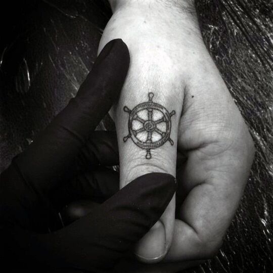 Wheel tattoo on hand for men