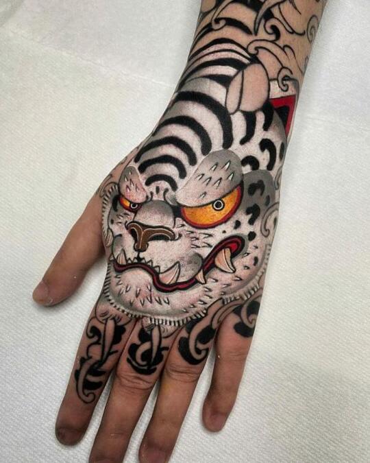 White tiger head hand tattoo for men