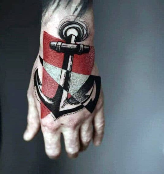 colorful Anchor tattoo on hand for men