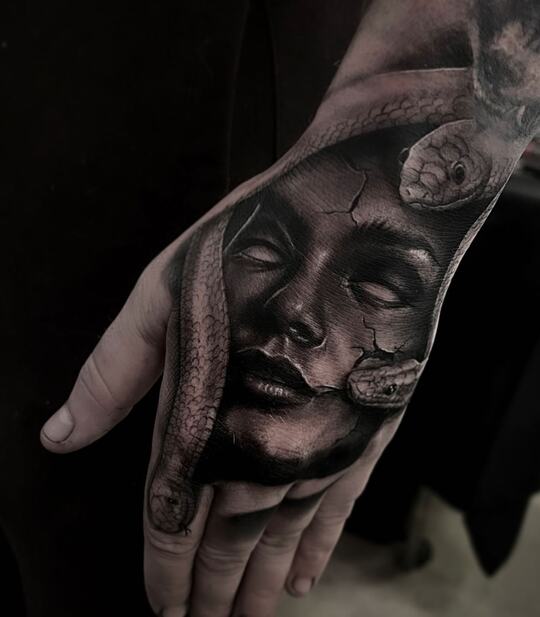 medusa and snake hand tattoo for men