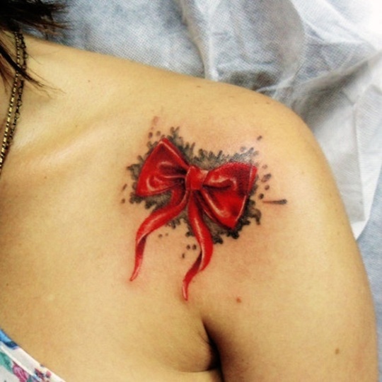 red Ribbon Shoulder Tattoos for girl