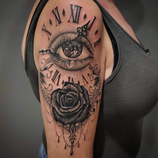 tattoo ideas for women eye clock rose black ink