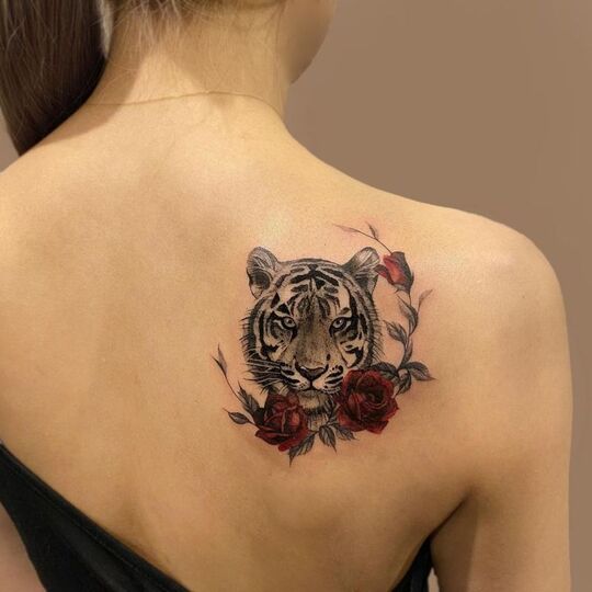 tiger roses tattoo for girl