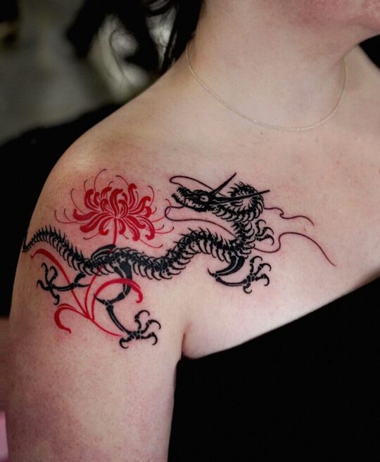 tiny japanese dragon tatto on shoulder for women