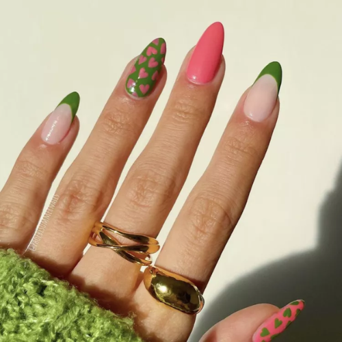 preppy pink and green nail manicure