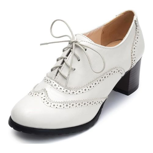 Odema Womens PU Leather Oxfords Wingtip Lace up Mid Heel Pumps Shoes