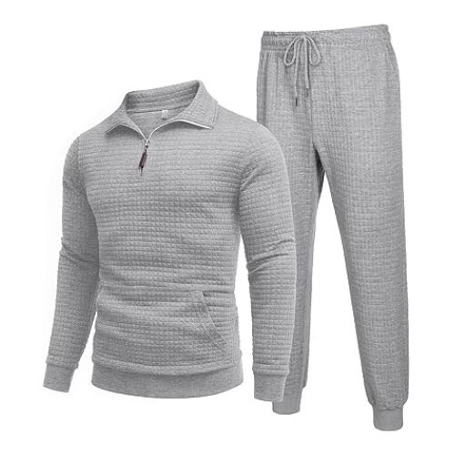 COOFANDY Men's Tracksuit 2 Piece Quarter Zip Sweatsuit Workout Plaid Jacquard Jogging Suit