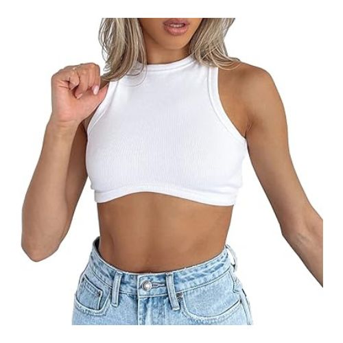 Dwnval Sexy Sleeveless Crewneck Ribbed Knitted Tank Crop Tops