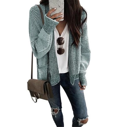 Sidefeel Womens Plaid Open Front Short Cardigan Oversized Long Sleeve Chunky Knit Sweaters Jacket Outwear with Pockets