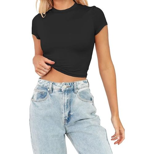 TECREW Womens Summer Short Sleeve Cute Crop Tops Casual Basic Crewneck Slim Fit T-Shirts