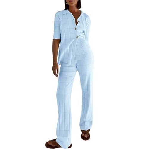 Tankaneo Women's Knit Pajama Sets Short Sleeve Collared Shirts and Wide Leg Pants 2 Piece Outfits Lounge Set