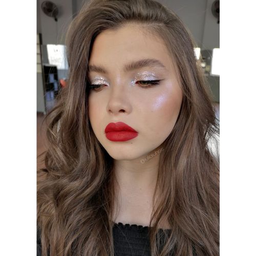 silver glitter and red lips 